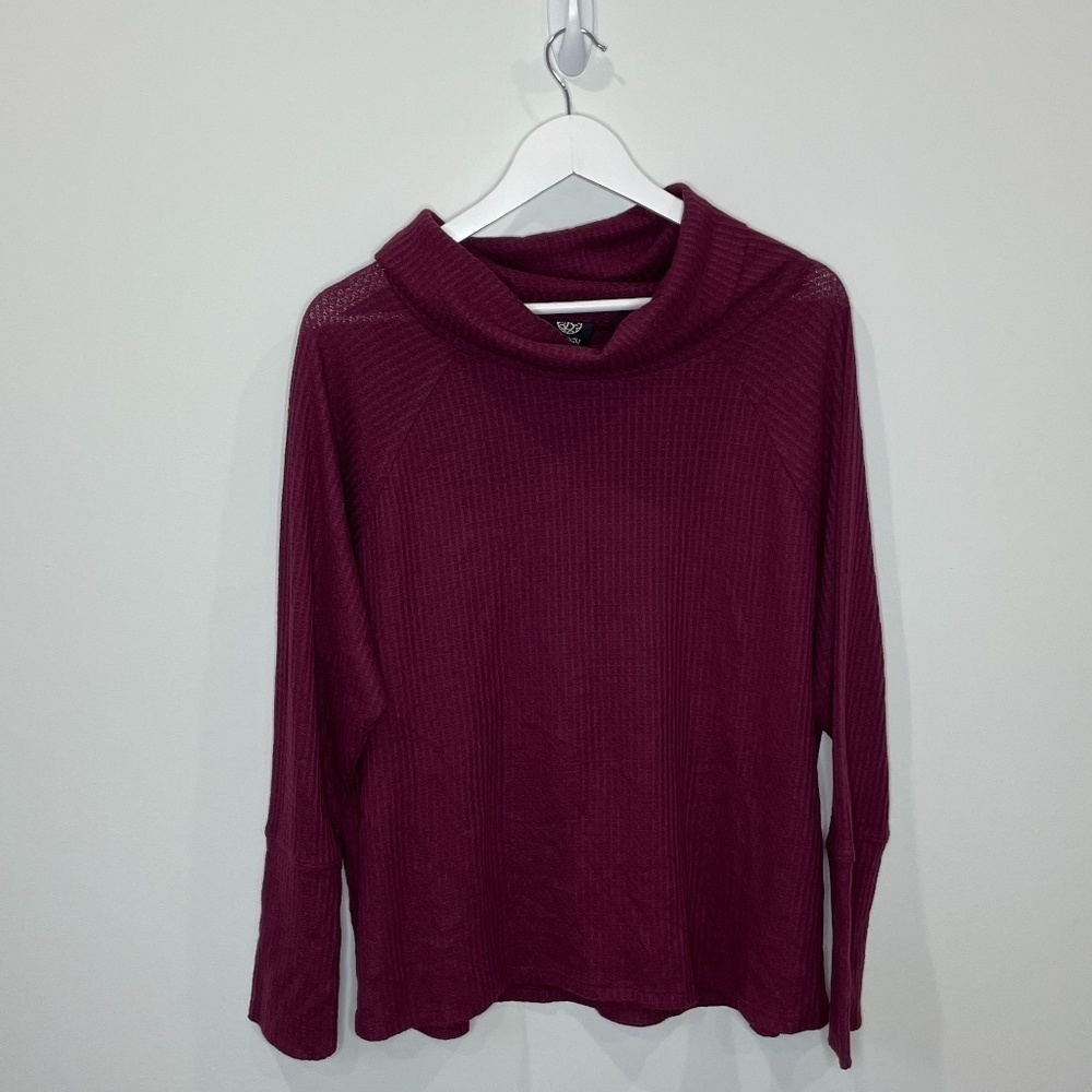 Bobeau Cowl Neck Raglan Sleeve Thermal Maroon Top